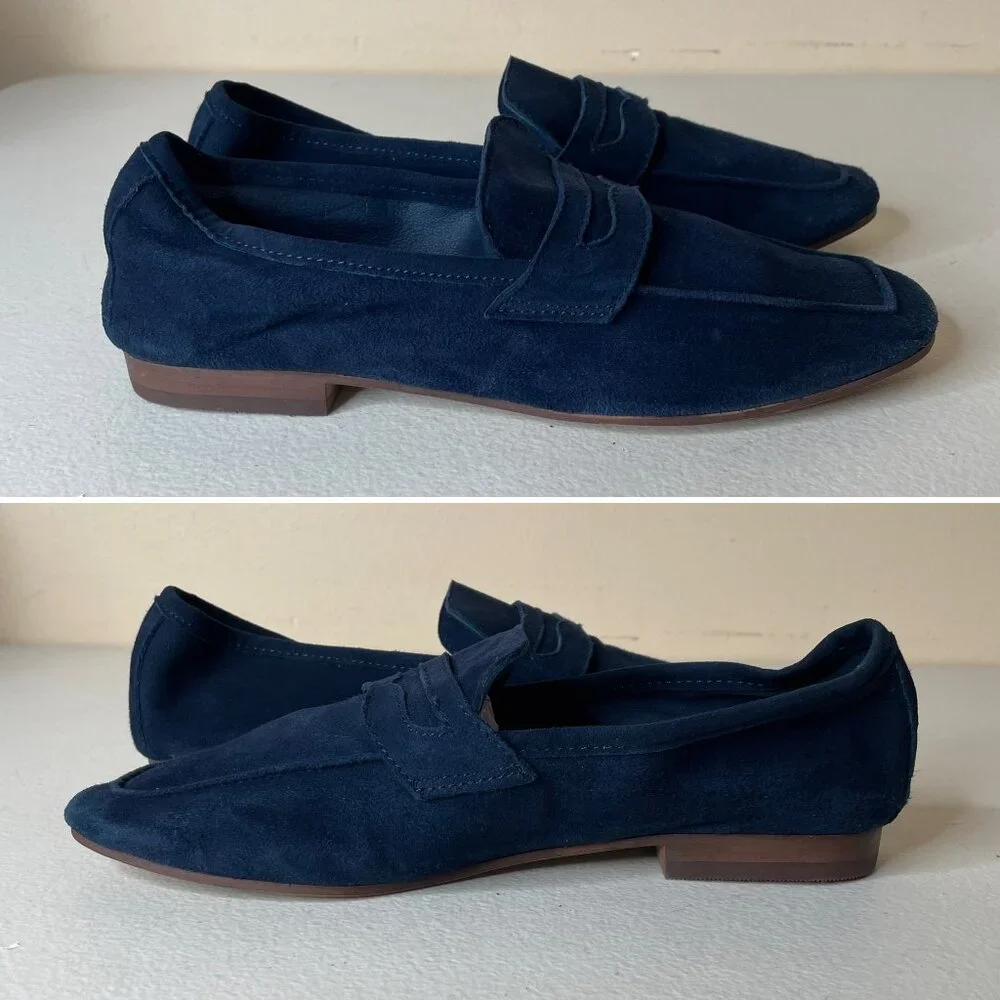 Kenneth Cole Dean Navy Unlined Suede Flexible Penny Loafer Flats Size 6